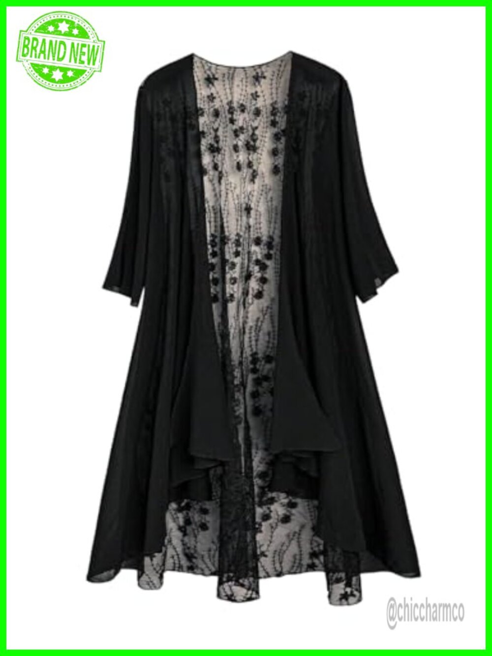 Plus Size Lace Mesh Sheer Blouse Open Front 3/4 Sleeve Tunic Shirts Casual